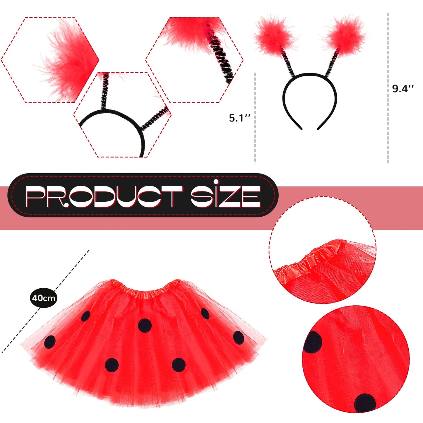 Satinior Ladybug Costume Accessories Tutu Skirt Ladybug Wings Antenna Headband Striped Knee Thigh High Socks Party Favor