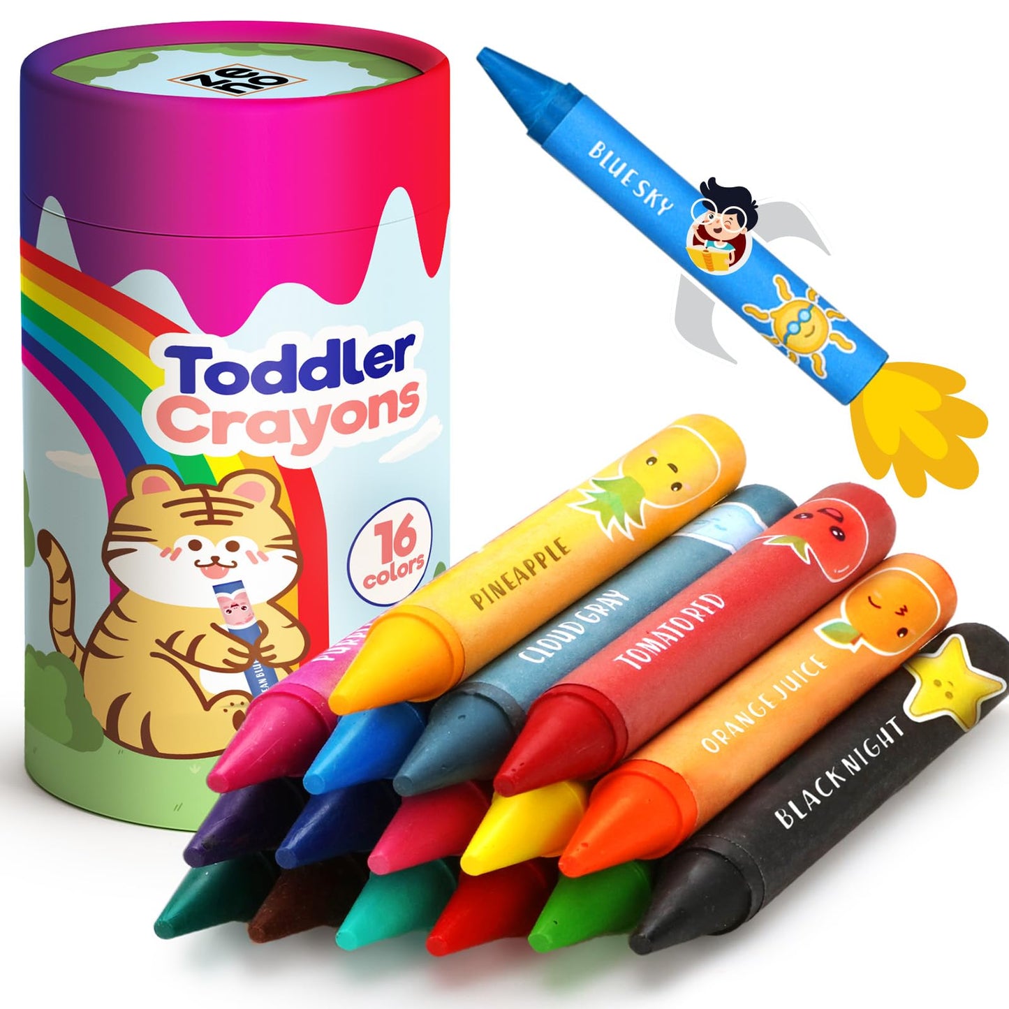 ZENO Jumbo Crayons (16 Colors) - Non-Toxic, Washable, Easy-to-Hold Art Supplies for Toddlers and Kids - Perfect for Travel, Lear