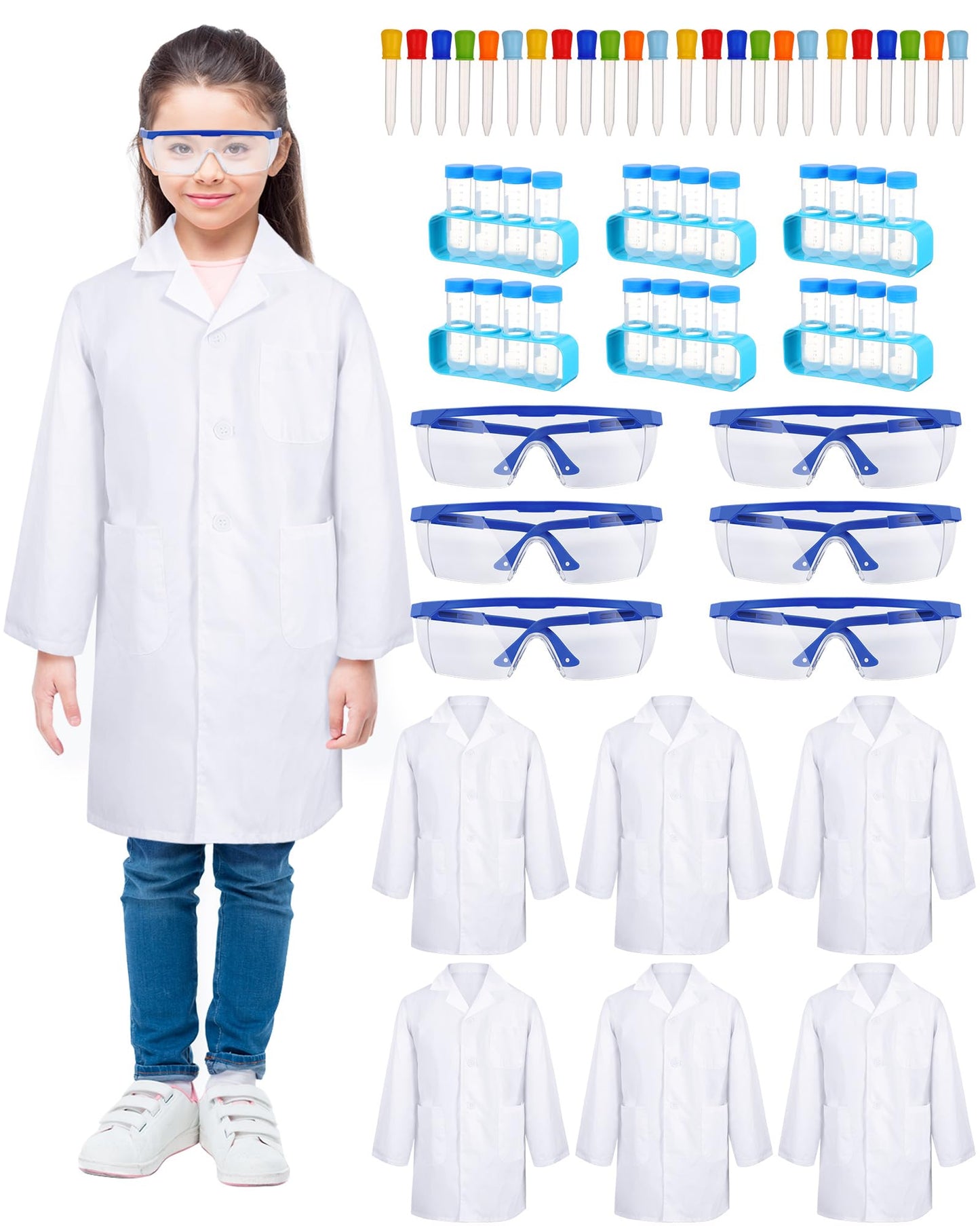 Unittype 6 Set 66 Pcs White Kids Lab Coats Bulk Children Girl Doctor Scientist Costume Lab Coat Goggles Test Tube Eyedropper(S)