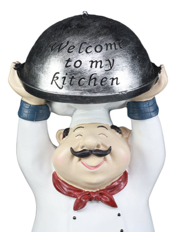 Ebros Master Bistro Chef Holding Melting Dome Tray Statue 14'Tall Head Cook With 'Welcome To My Kitchen' Sign Decor Figurine