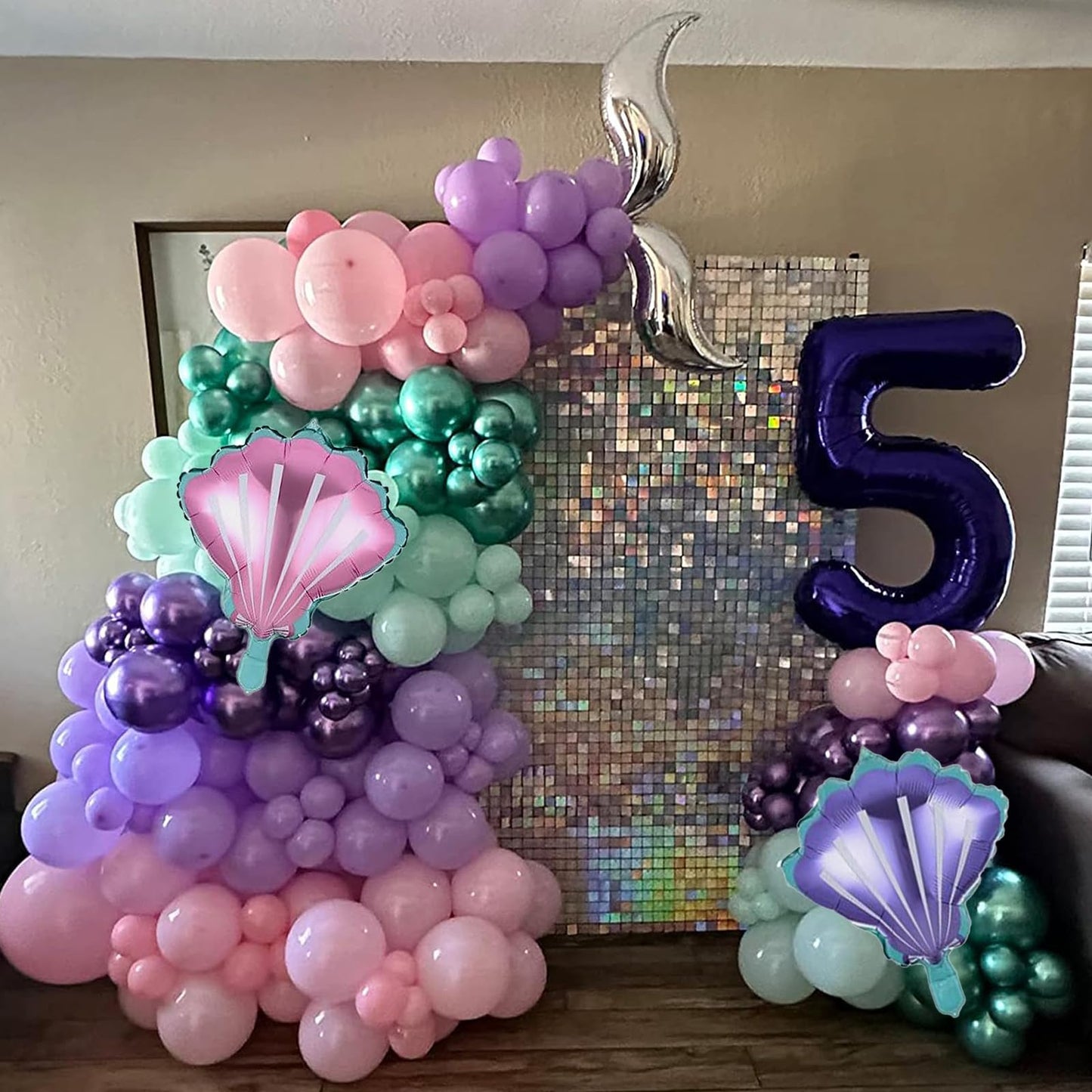 Mermaid Balloon Garland Arch Kit, 106 Packs Metallic Purple Pink Green Blue Latex Balloons With Mermaid Tail Seashell Foil Ballo