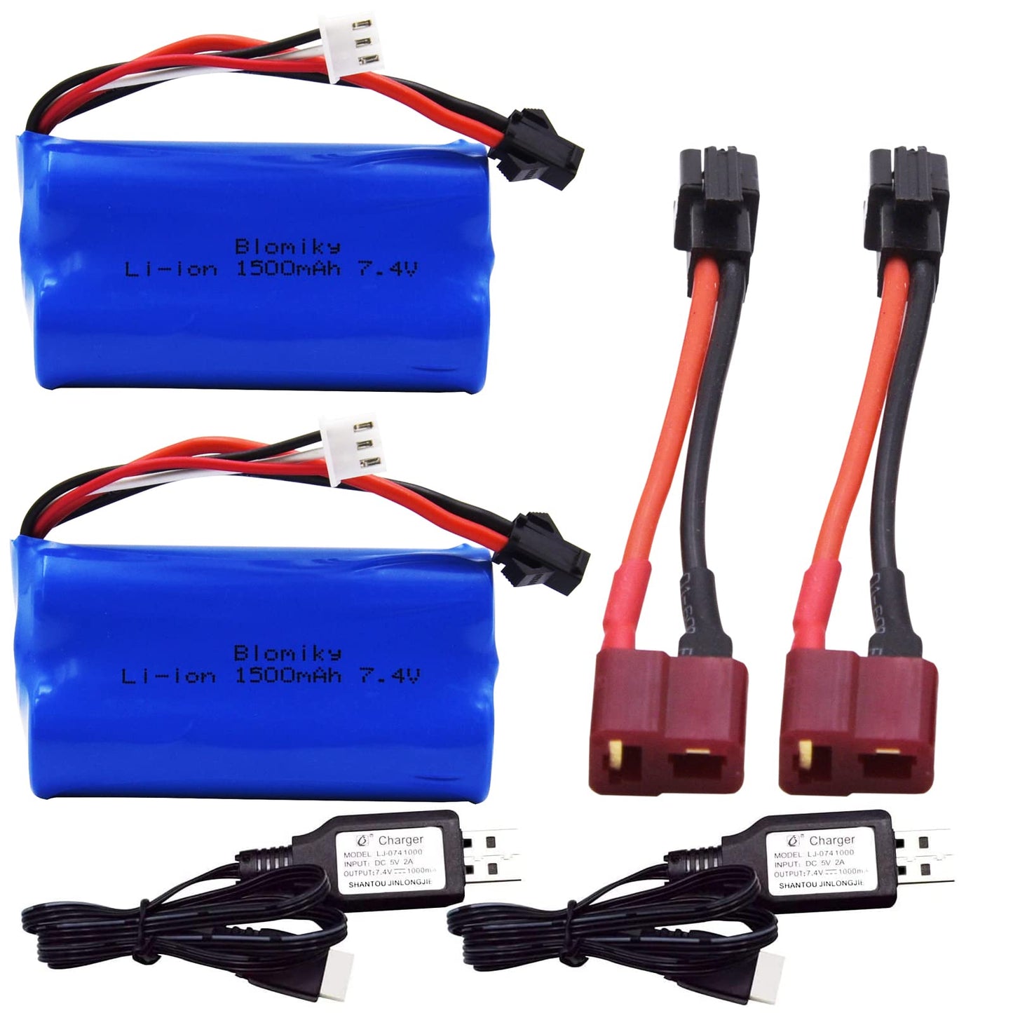 Blomiky 2 Pack 7.4V 1500mAh Li-ion Rechargeable Battery SM-2P Plug with Deans T Adapter and Charger Cable for H101 H103 H105 RC