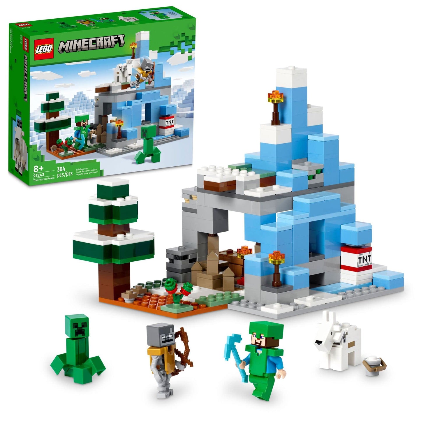 Lego Minecraft The Frozen Peaks 21243, Cave Mountain Set With Steve, Creeper, Goat Figures & Accessories, Icy Biome Toy For Kids Age 8 Plus Years Old