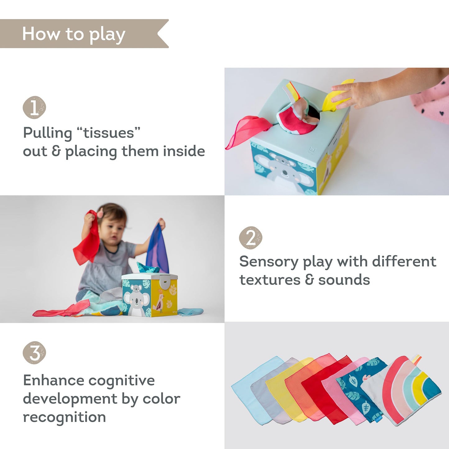 Taf Toys Sensory Crinkle Tissue Box For Toddlers. Stem Montessori Toy With Colorful Soft Scarves And Crinkling Blankies