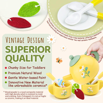 Wooden Tea Sets for Little Girls 1-3 Play Food Cake Toys Toddlers 3-5 Kitchen Accessories Pretend Play Princess Playset for 2 3