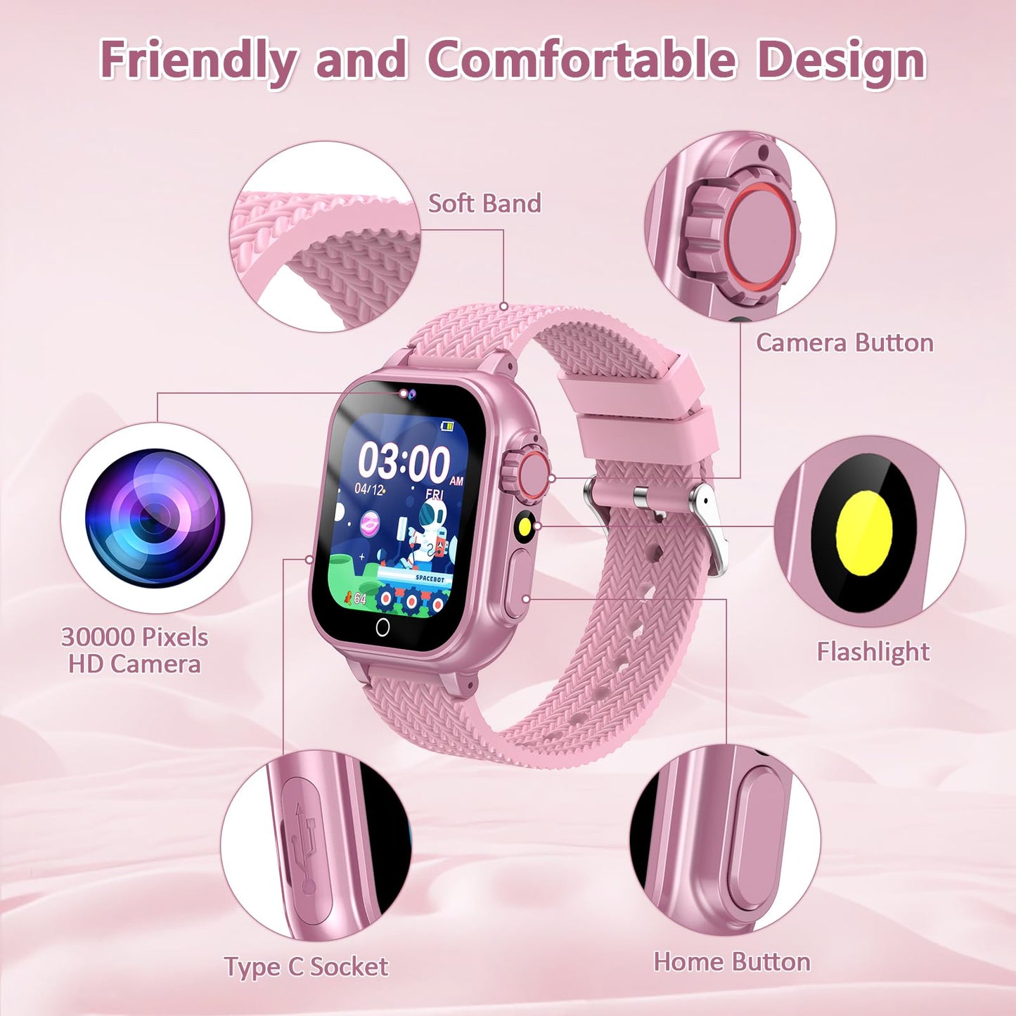 Wepfum Kids Smart Watch Gift For Girls Age 5-12, 32 Games Hd Touch Screen Watches With Video Camera Music Player Pedometer Flash