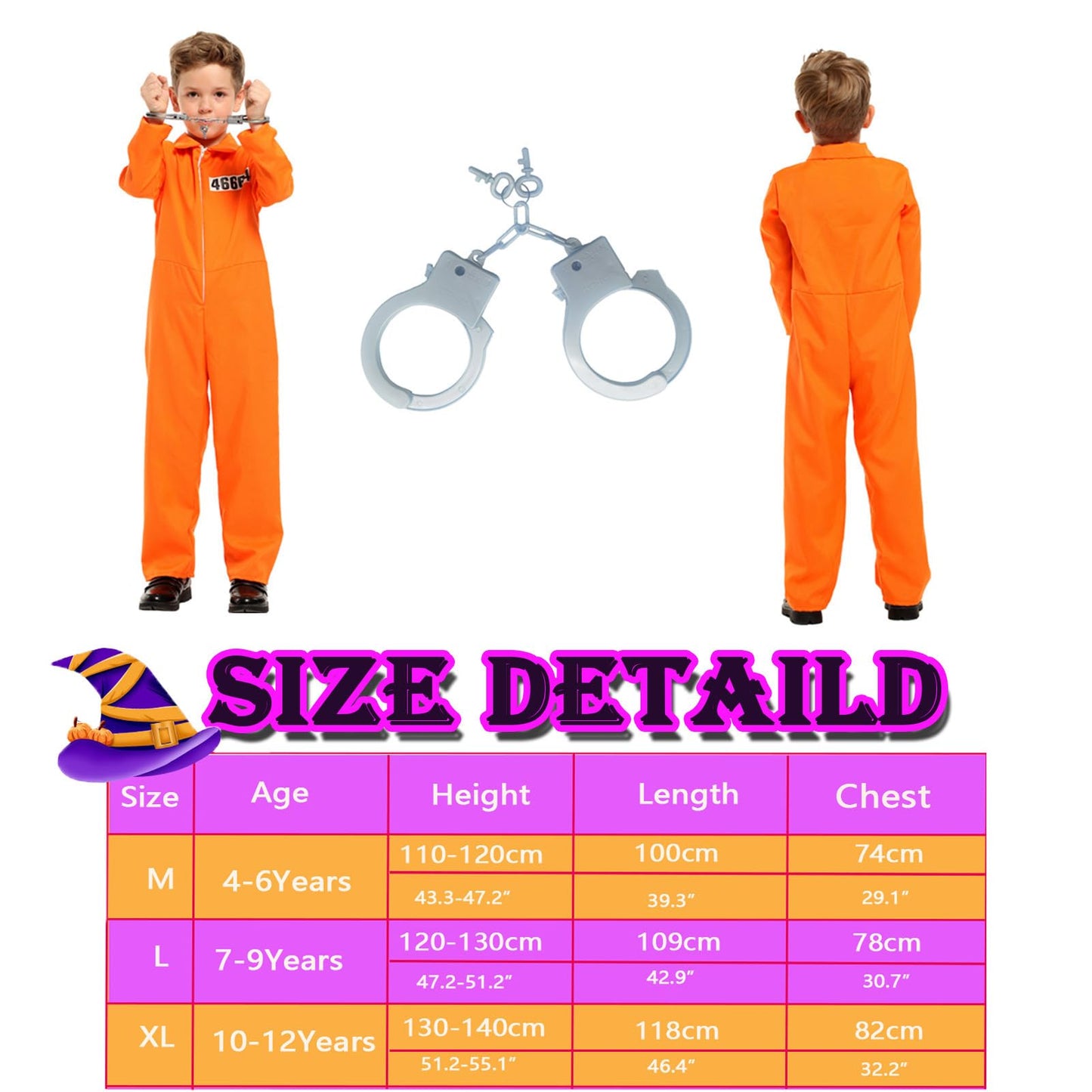 Zntu Prisoner Costume Kids,Orange Prisoner Jumpsuit With Handcuffs,Jailbird Inmate Prison Uniform,Halloween Costume For Boys Gir