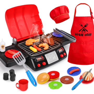 Kids Grill Playset with Apron Hat for Cooking Food Smoke Sound Light Outdoor Toy Pretend Play Set Kitchen Accessories BBQ Campin