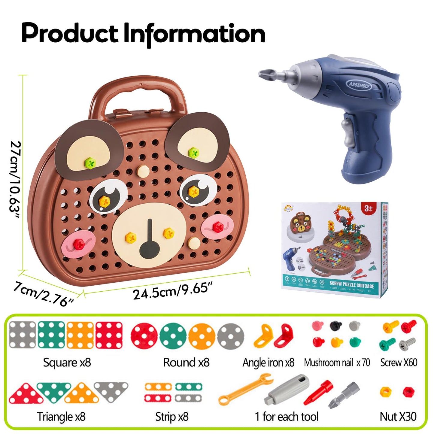 Kaemgyyd Magic Montessori Play Toolbox, 203Pcs Magic Montessori Play Toolbox Bear with Drill, 2D/3D Creativity Tool Box Montesso