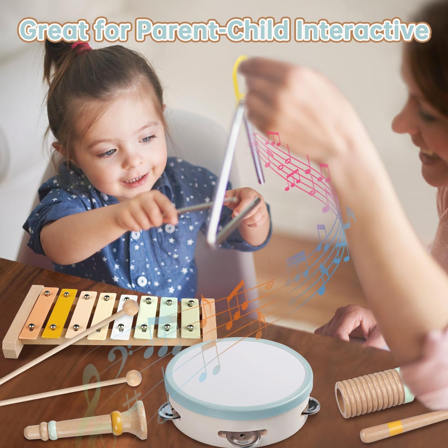 Baby Musical Instruments - Montessori Musical Toys For Toddlers 1-3, Neutral Colors Wooden Percussion Instruments Set, Modern Bo