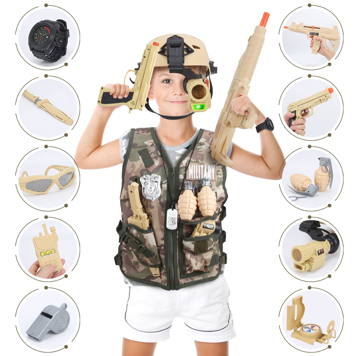 Captain Chaowing 17 Pcs Kids Army Costume, Military Soldier Dress Up Role Play, Combat Marines For Halloween With Camouflage Vest, Helmet And Accessories For Kids Boys 3+