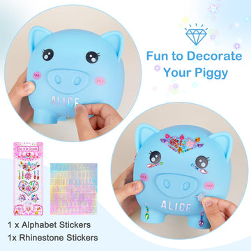 Piggy Bank Girls, Unbreakable Piggy Banks Large Money Coin Bank For Kids With Diy Stickers, For Birthday, Easter, Baby Shower, Blue