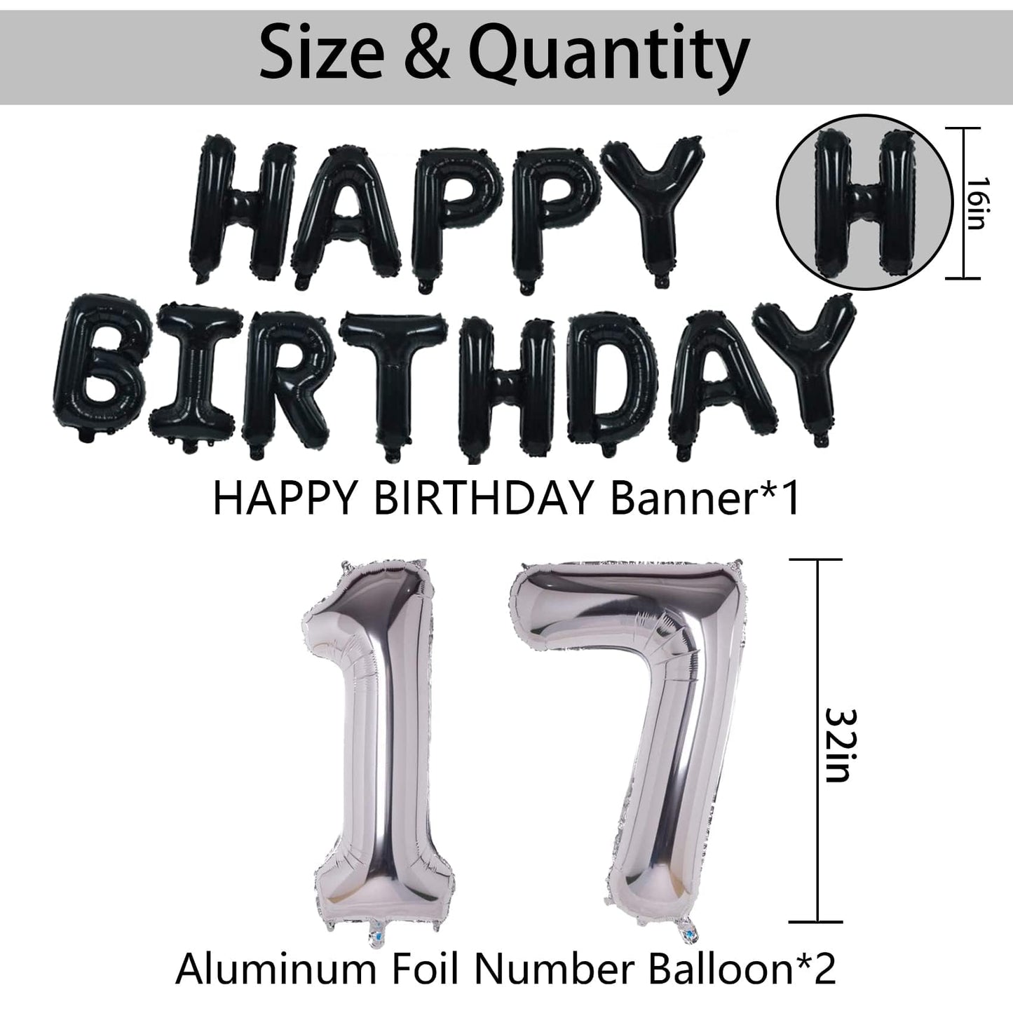Naninuneno 17Th Black Silver Birthday Party Decorations For Boys Girls, Happy 17 Birthday Party Supplies With Black Happy Birthd