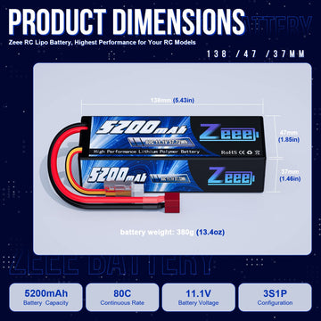 Zeee 3S Lipo Battery 5200mAh 11.1V 80C RC Battery Hard Case with Deans Connector for RC Car Boat Truck Helicopter Airplane Racin