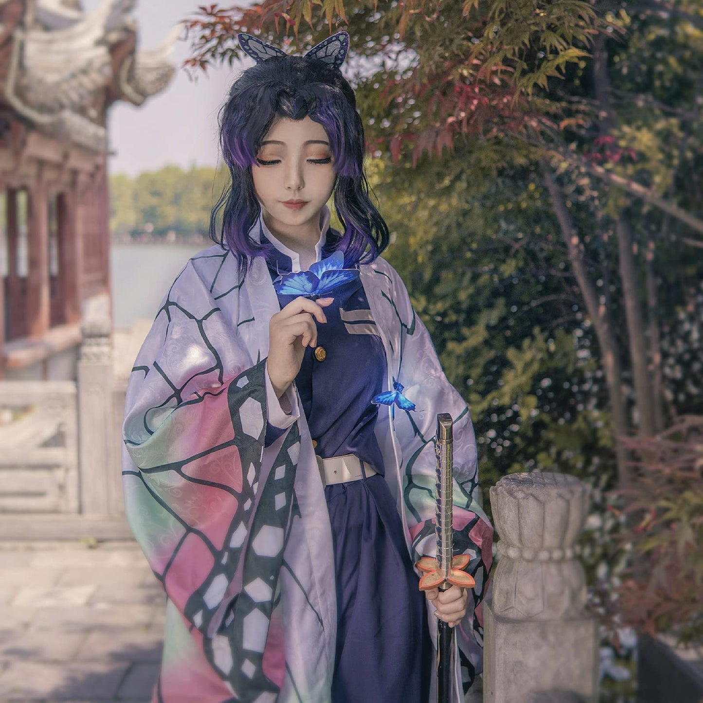 Vzqi Halloween Cosplay Kids Costumes Kochou Shinobu Girls Anime Kimono Halloween White Cloak S