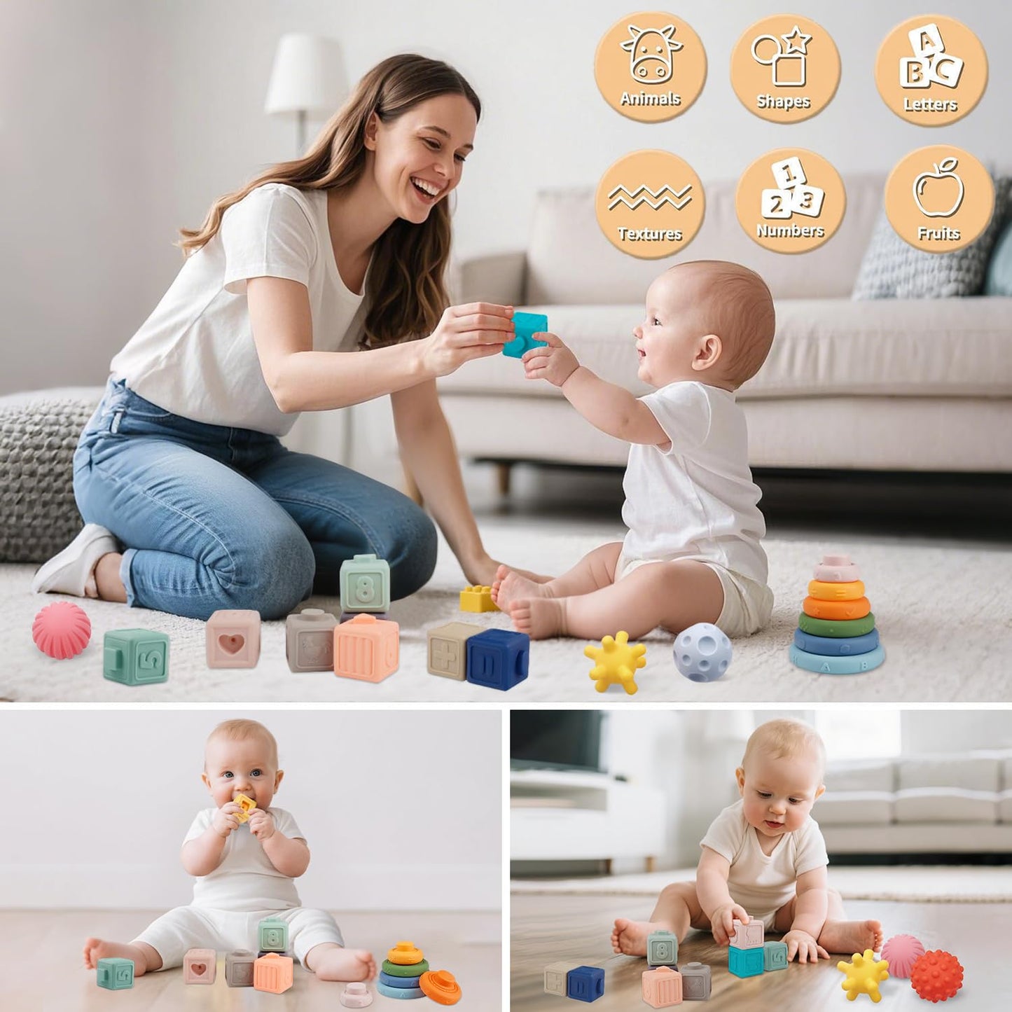 Montessori Toys Soft Stacking Building Blocks Rings Balls Sets 3 In 1 Baby Toys Bundle For Babies 6-12 Months Sensory Toys For Toddlers 1-3 Teething Bath Toys For Infants Learning Toy