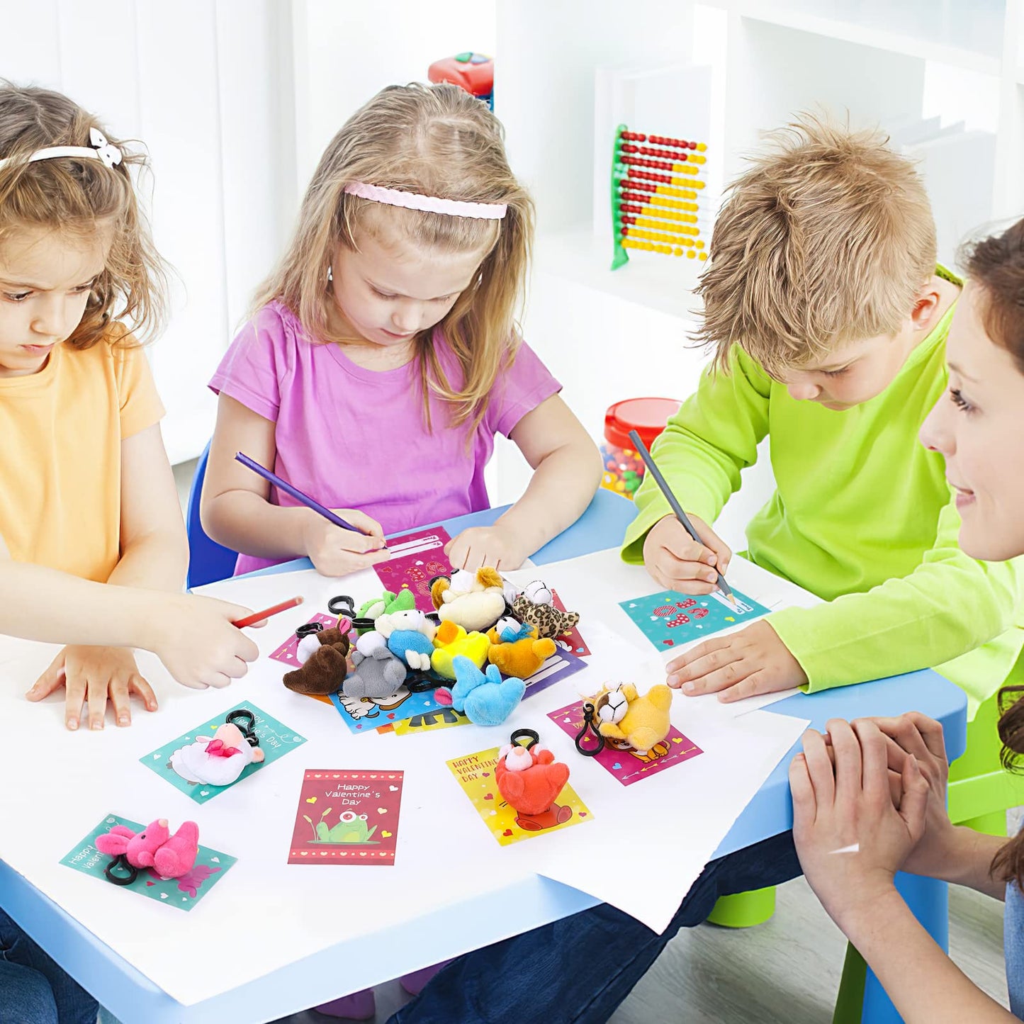 28 Pack Valentines Day Gift Cards for Kids with Mini Animal Plush Toys Keychains,Stuffed Animal for Students Classroom Exchange,