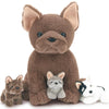 Tezituor French Bulldog Stuffed Animal with 3 Babies, 17.7" Plush Toy, Brown, Soft Polyester, Realistic Fluffy Design