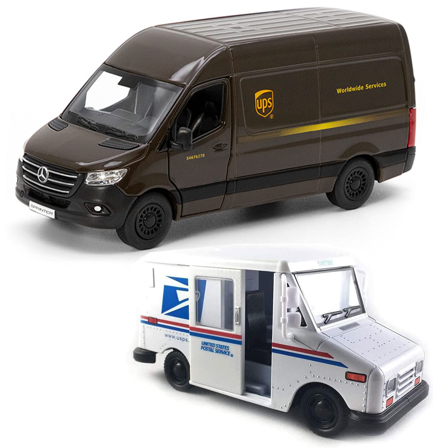 UPS Mercedes-Benz Sprinter + United States Postal Mail Truck Grumman LLV 5 Inch Die Cast Metal Model Toys SetOf2