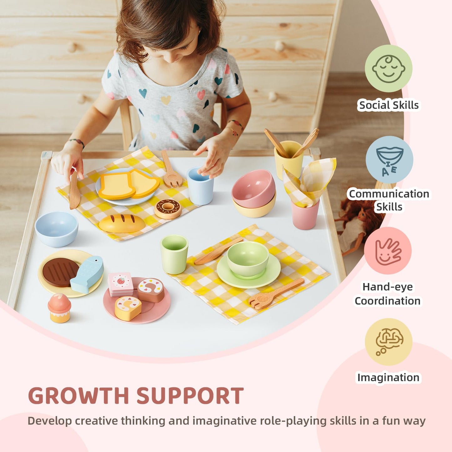 OOOK Wooden Play Dishes and Plates for Kids Kitchen Set, 25 PCS Wooden Play Kitchen Accessories, Play Montessori Kitchen Toy for