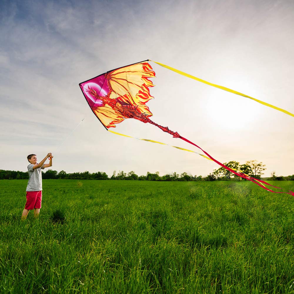 Dragon Kite For Kids Adults, Easy To Fly Best Delta Beach Kite, 300Ft Kite String(Fiery)