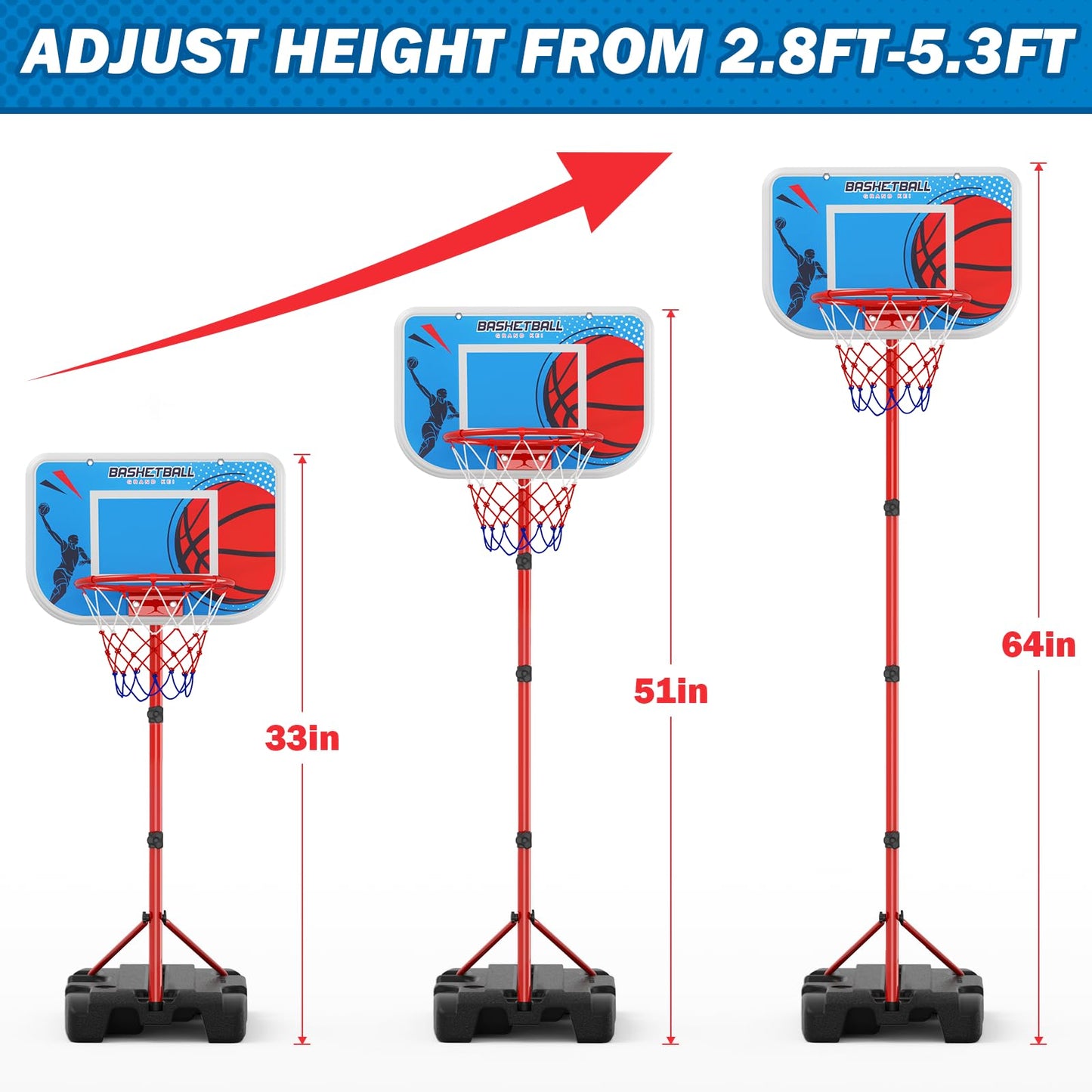 HYES Kids Basketball Hoop Indoor, Toddler Basketball Hoop Outdoor, with Package Design/Adjustable Height/4 Balls, Portable Baske
