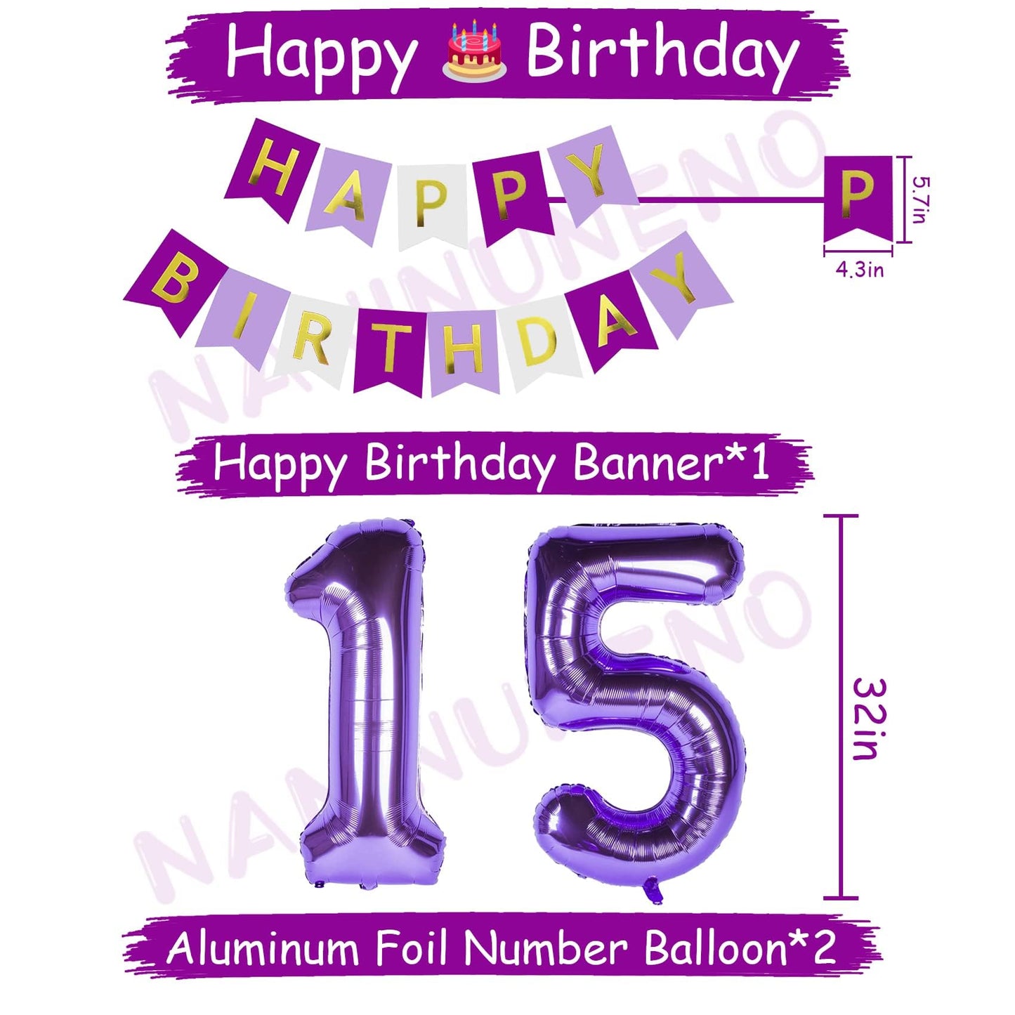 Naninuneno 15Th Birthday Decorations For Girls, Purple 15 Happy Birthday Balloons Supplies Including Purple Happy Birthday Banne