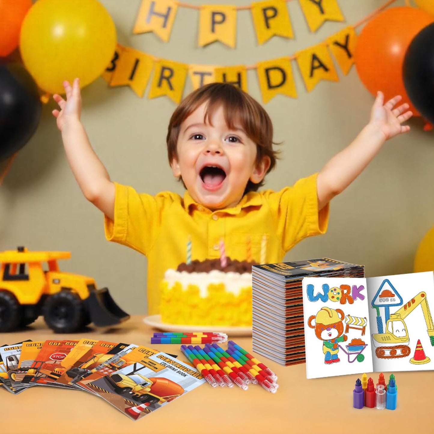 BenLouis 24 Construction Mini Coloring Books Kids with 24 Stacking Crayons Excavator Theme Party Favors Activity Books Bulk for