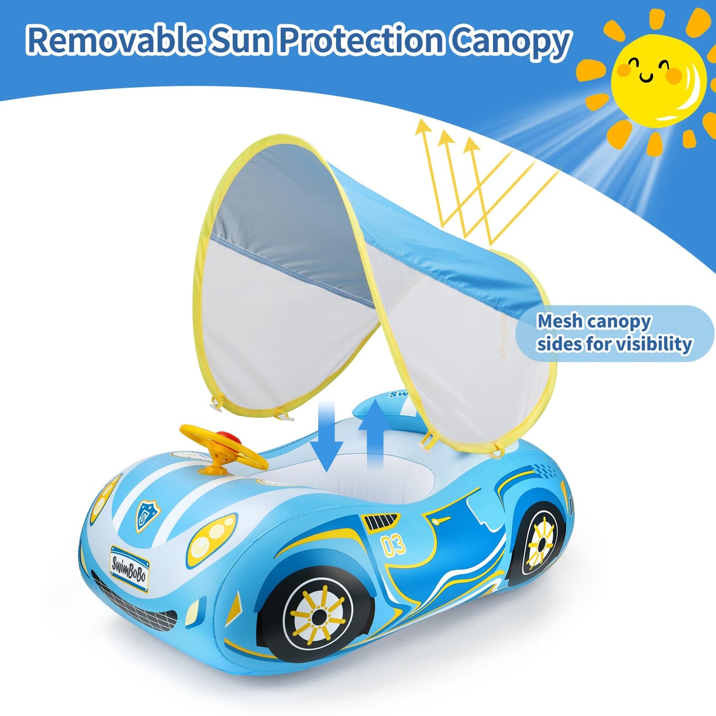 Swimbobo Toddler Pool Float Inflatable Car Baby Swim Float With Adjustable Sun Canopy And Safety Seat Pool Toys For Kids 1-4 Years Old (Blue Sports Car)