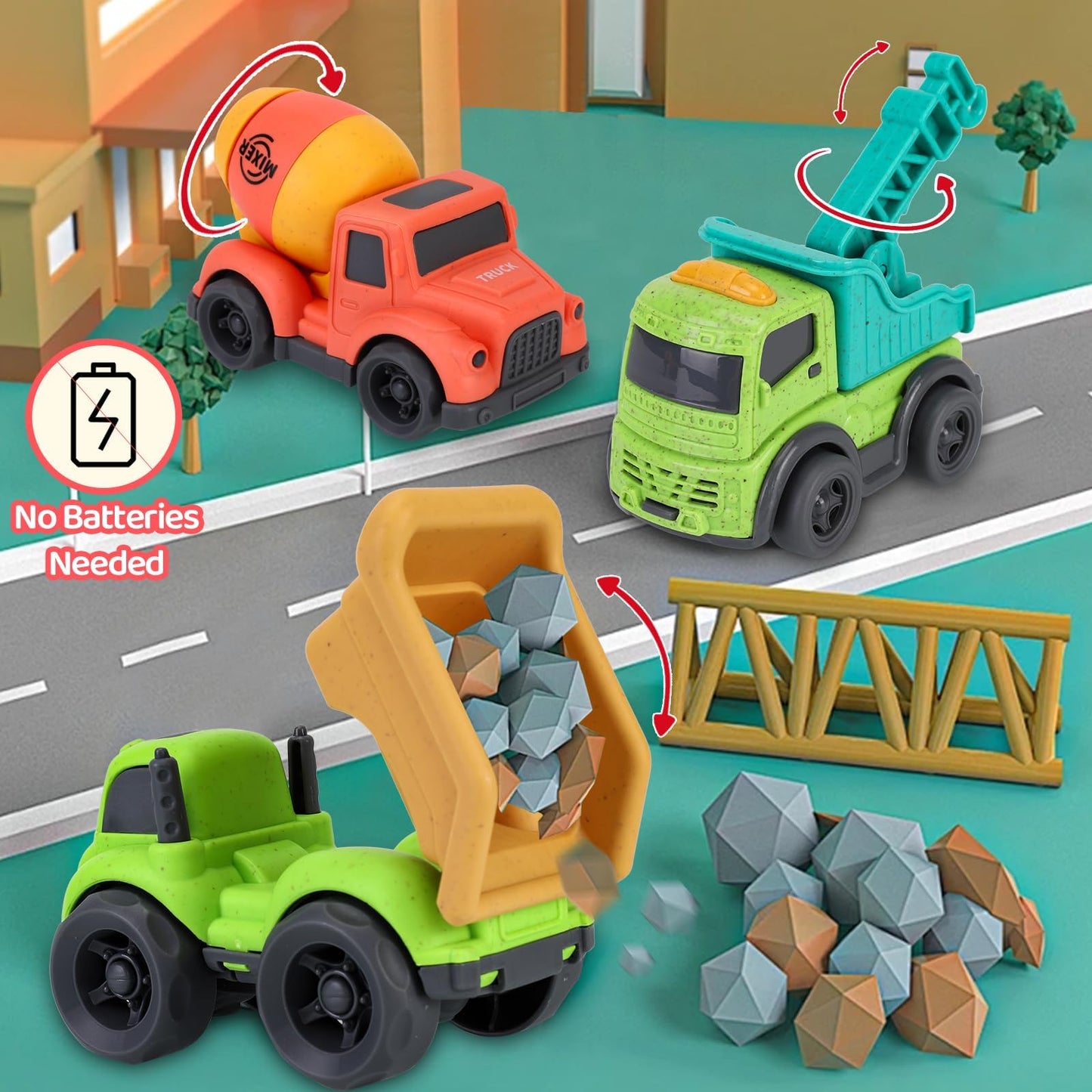 Toddler Cars Toys for 1 2 3 Year Old Boy, 3 in 1 Dump Truck Mixer Cement and Crane Toys for Baby Boy Girls, BPA Free, Phthalates