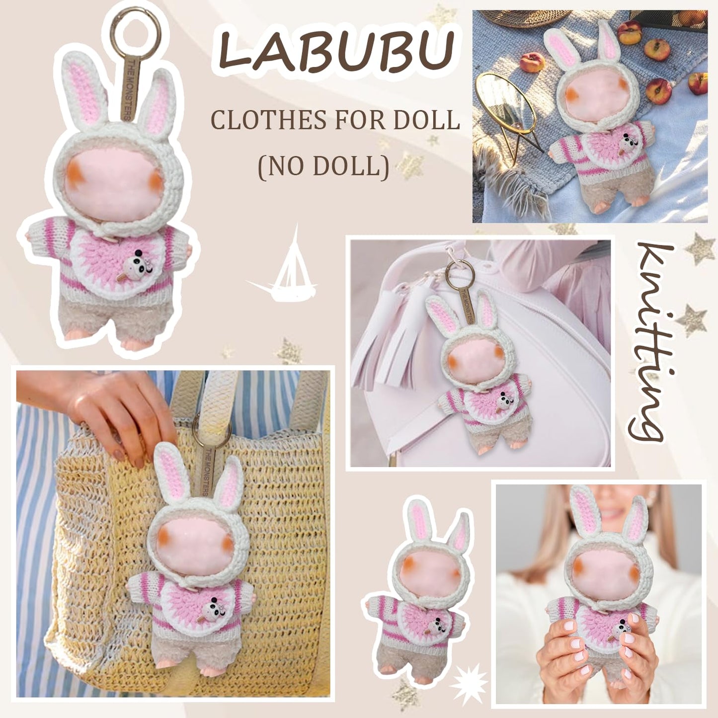 Clothes for Labubu 17cm Labubu Accessories Crochet 3 Piece Set Outfits for Labubu(Pink Rabbit)