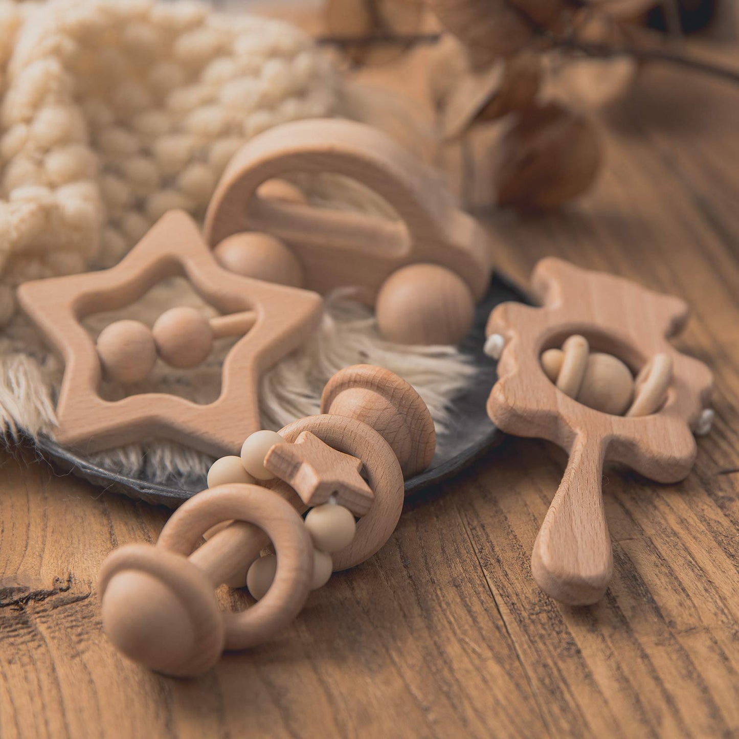 Hi Baby Monment Wooden Baby Toys Set, Wooden Rattle Set,4Pc Handmade Wood Toys,Baby Wooden Toys 36+ Months,Montessori Toys With Wood Car Baby Rattles,For Boys And Girls
