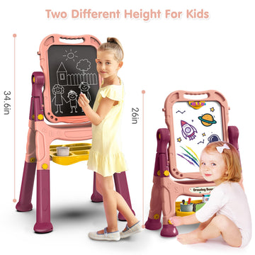 Ylovetoys Kids Art Easel, Adjustable Drawing White Board & Chalk Board, Toddler Standing Easel With Painting Accessories, Gift F