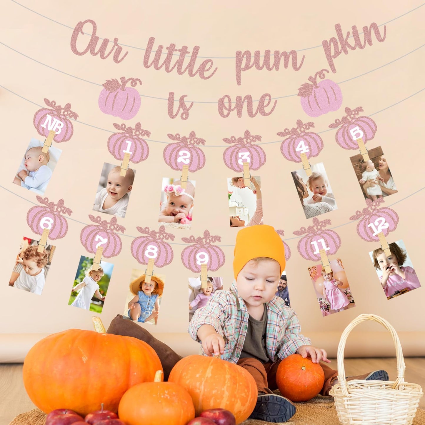 Pink Fall Pumpkin 1St Birthday Photo Banner Pumpkin Birthday Photo Banner For Newborn To 12 Months Milestone Photograph Bunting