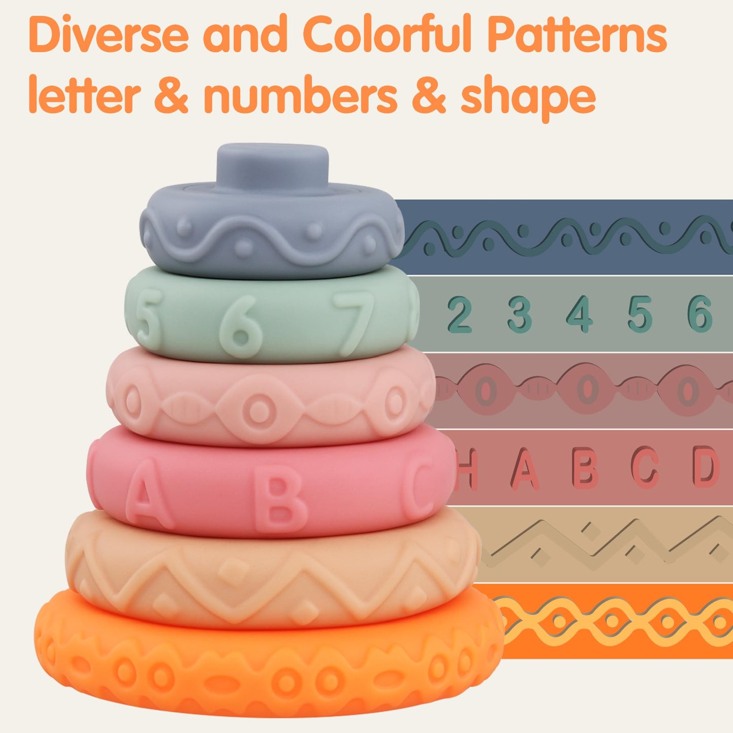 Miawow 8 Pcs Stacking Rings Soft Toys For Babies Newborn 0 3 4 5 6 12 18 Months 1 Year Old Girls Boys - Toddler Sensory Educational Montessori Baby Blocks - Infant Development Teething Learning Tower