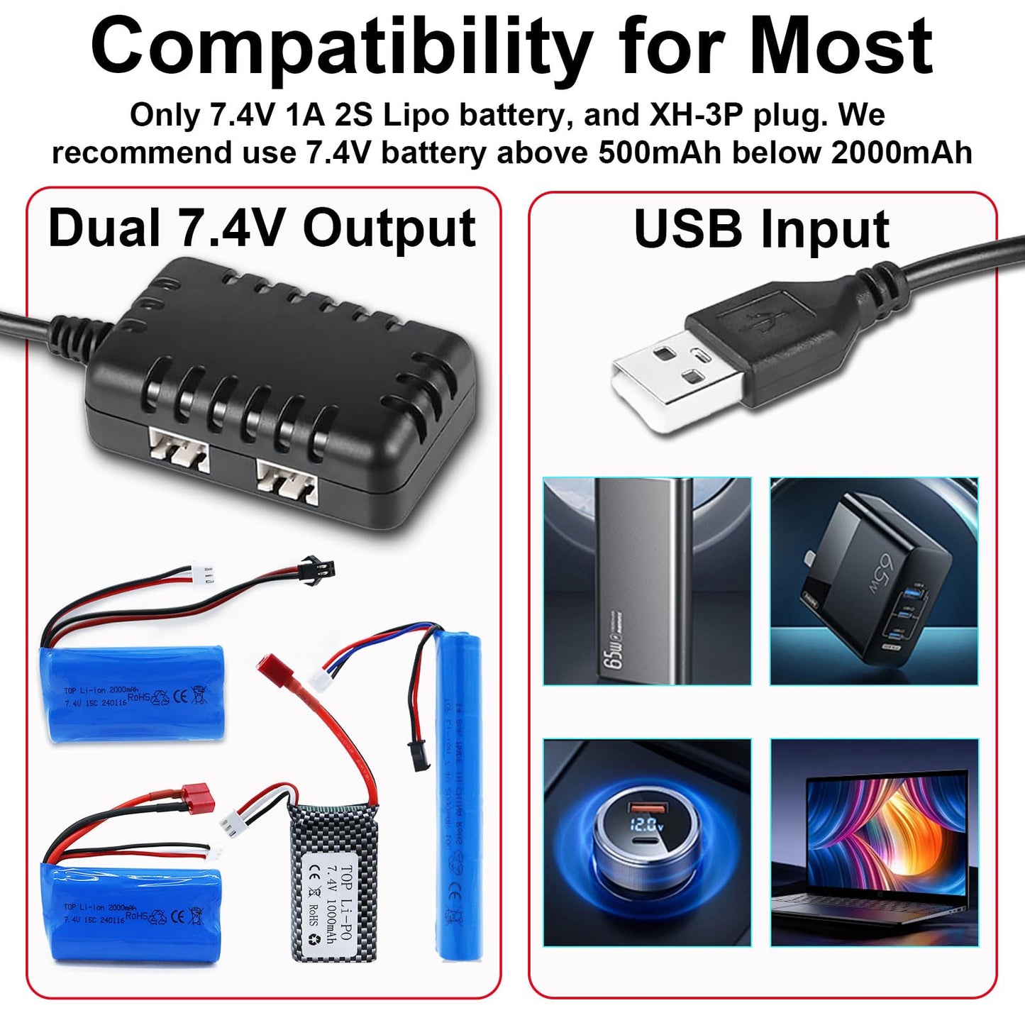 Tosiicop 7.4V Lipo Battery Charger - RC Car Balance Chargers USB Cable 2-in-1 with XH-3P Plug 1A for 2S Batteries RC Cars Drone