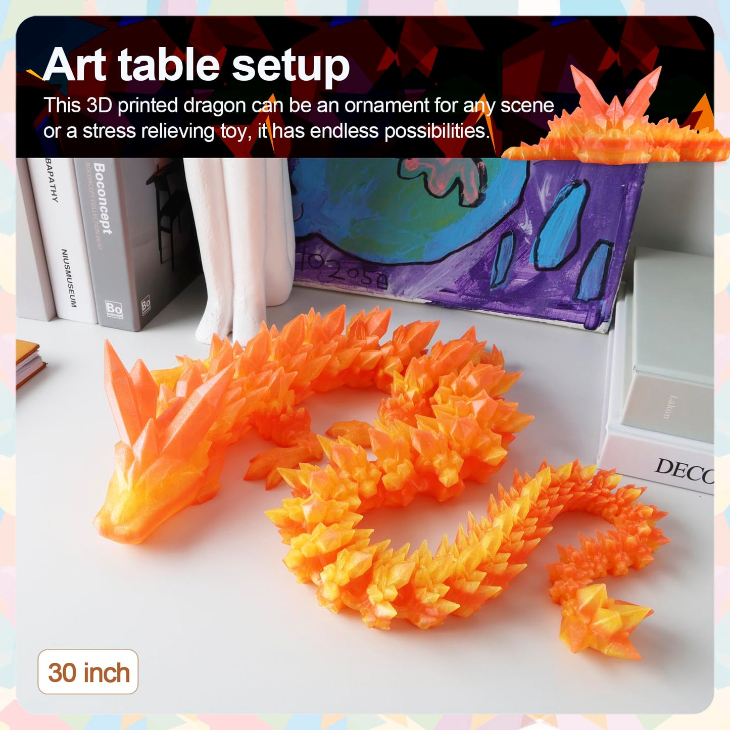 Rwsefk 30 In 3D Printed Dragon, 30Inch Dragon,3D Dragon Toy,Large Dragon Present,Ariculated Crystal Dragon (Flame Colour, 30Inch