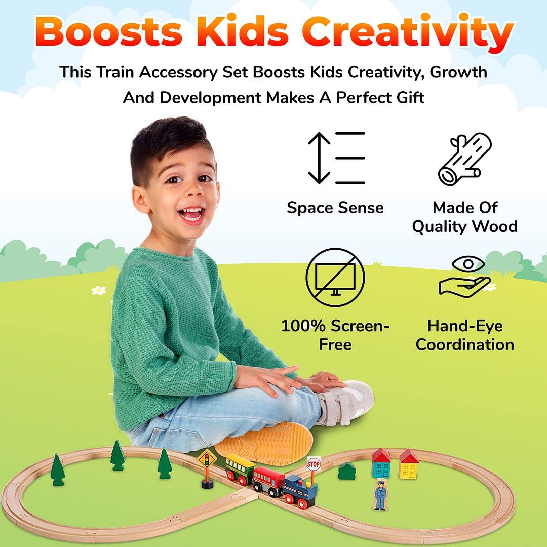 On Track Usa Wooden Train Set 35 Piece All In One Wooden Toy Train Tracks Set With Magnetic Trains And Railway Accessories, Come