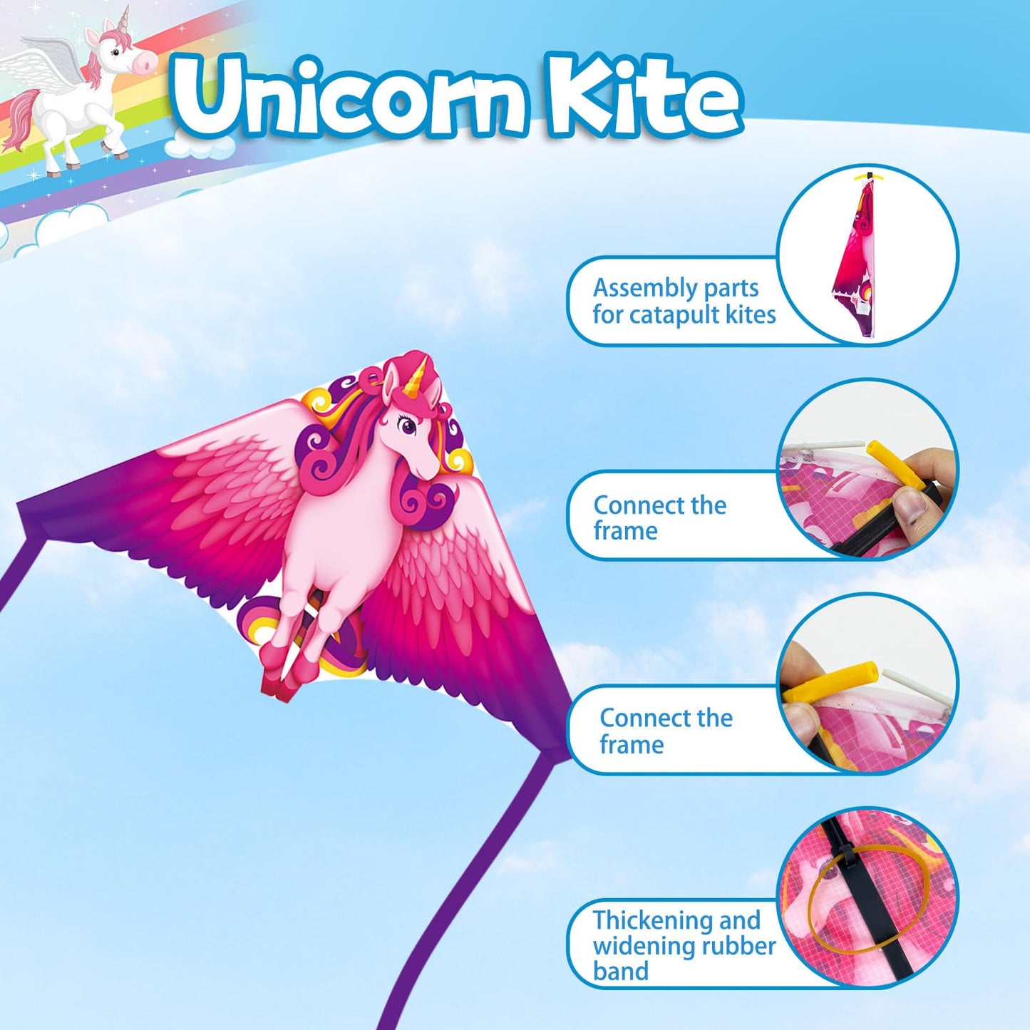 Kites for Kids - 2 Pack: Unicorn Kite & Mini Finger Launcher, Easy to Fly, Ages 4-12