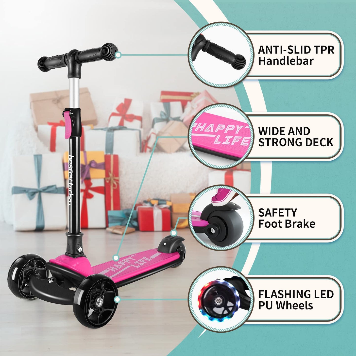 Besrey Kick Scooter For Kids Ages 3-8, 3 Wheel Scooter For Kids With Adjustable Height, Folding Kids Scooter With Led Light Whee