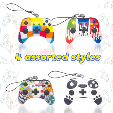 JA-RU Squishy Foam Play Controller Toy (4 Controllers Assorted) Mini Squish Console Command Stress Relief Toys with Carry Cord. Smushy Party Favor Collectible Fidget for Kids Teen & mature-themed. 3362-4