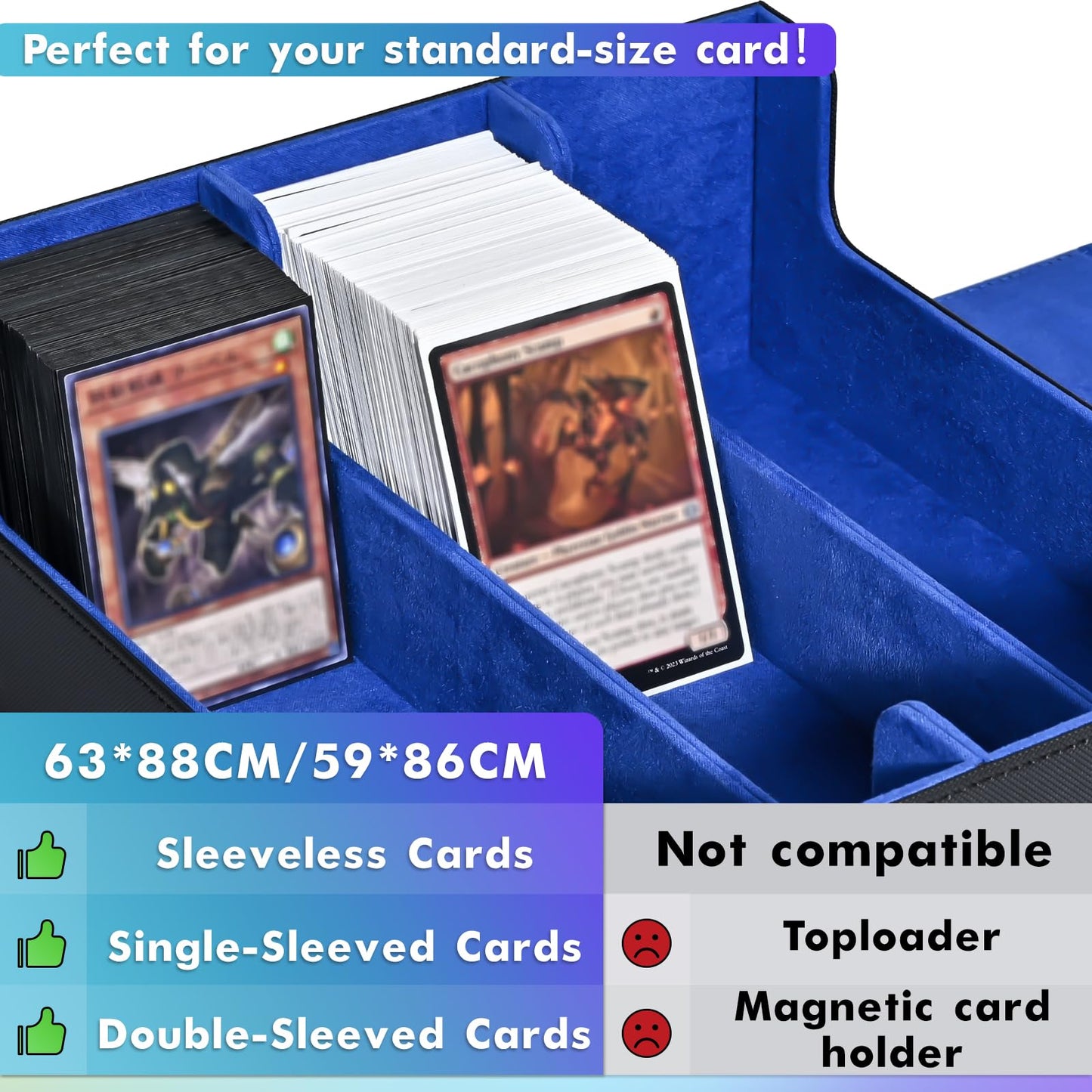 Uaono Card Storage Box For Trading Cards, 1800+ Pu Leather Commander Card Deck Case, Magnetic Closure Card Holder Fits For Magic Game Cards (Black&Blue)