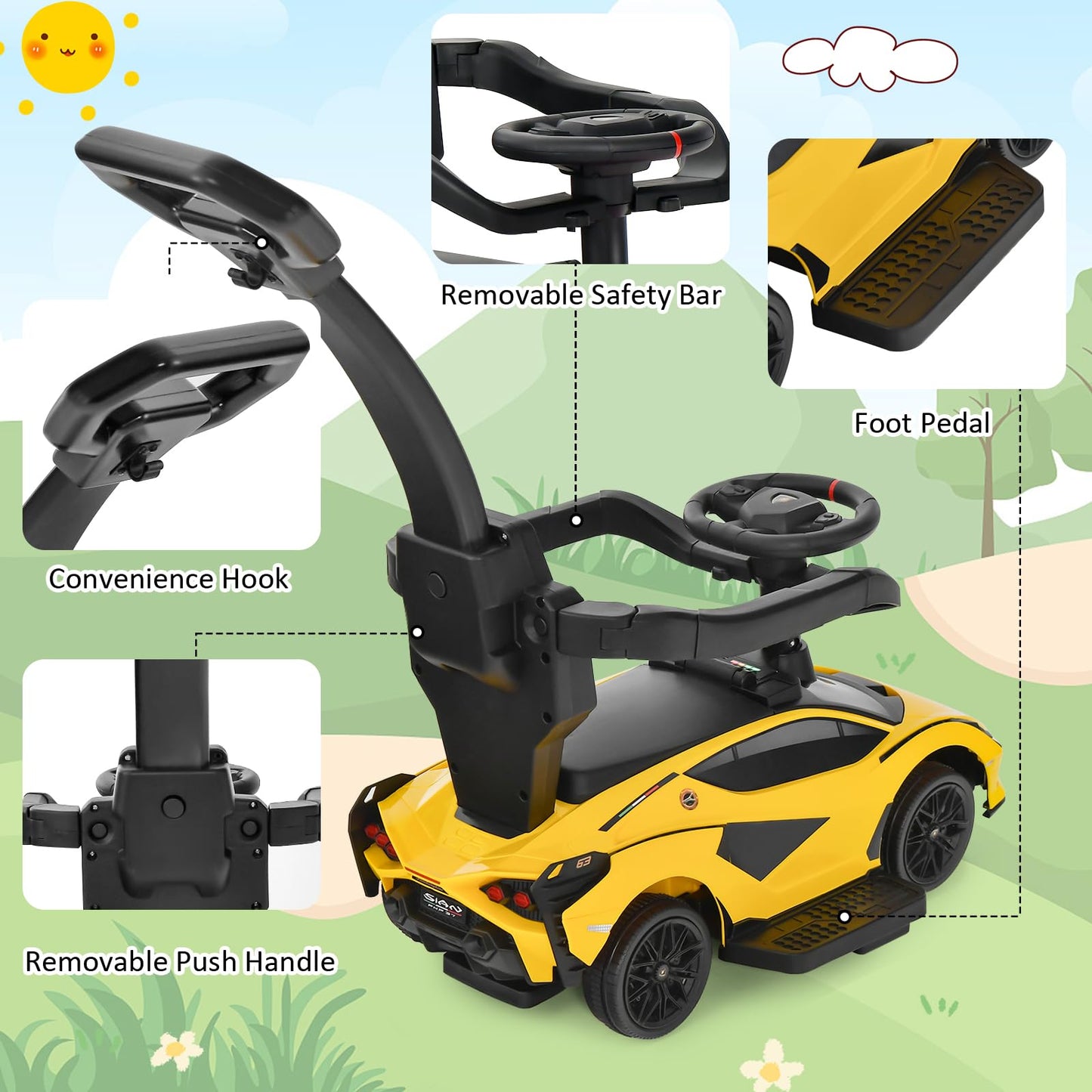 Infans 3 In 1 Ride On Push Car, Licensed Lamborghini Baby Stroller Sliding Walking With Parent Control Handle, Music, Headlight, Under Seat Storage, Kids Foot-To-Floor Toy For 18-60 Months (Yellow)