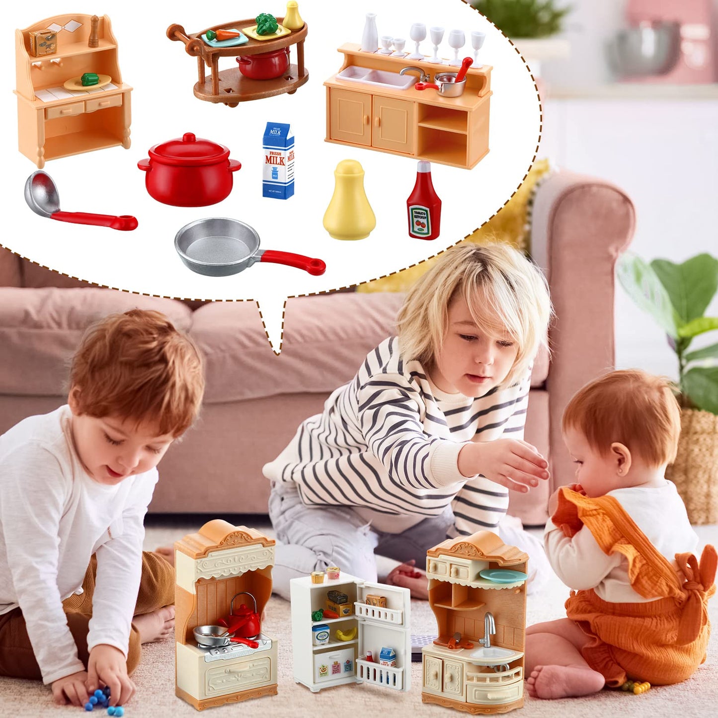 43 Pcs Dollhouse Furniture Kitchen Play Set Miniature Refrigerator With Mini Food Pots And Pans Set Pretend Play Kitchen Accessories Toys