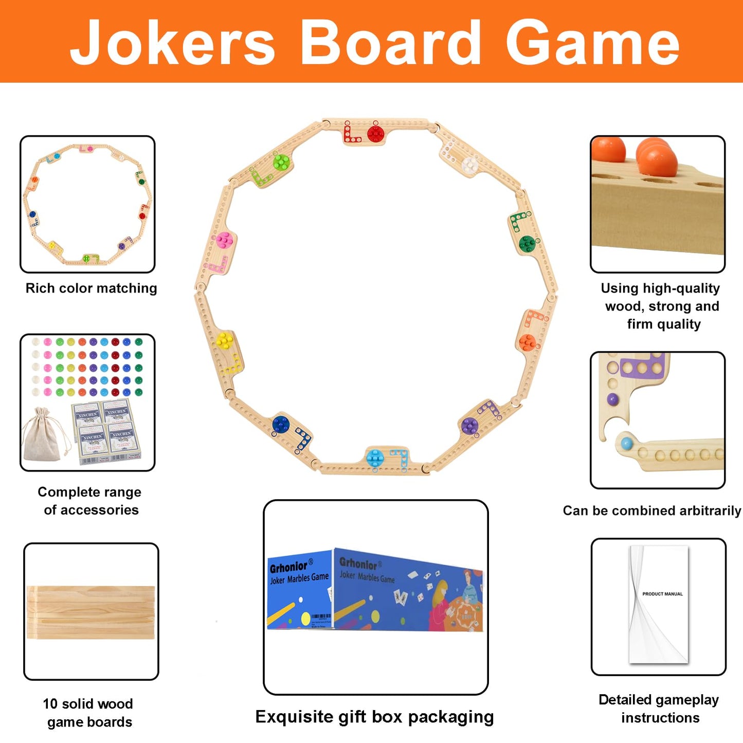 Grhonior 10 Players Marbles And Jokers Board Game Pegs And Jokers Card Wood Game Board Portable Multiplayer Boards Include 10 Co