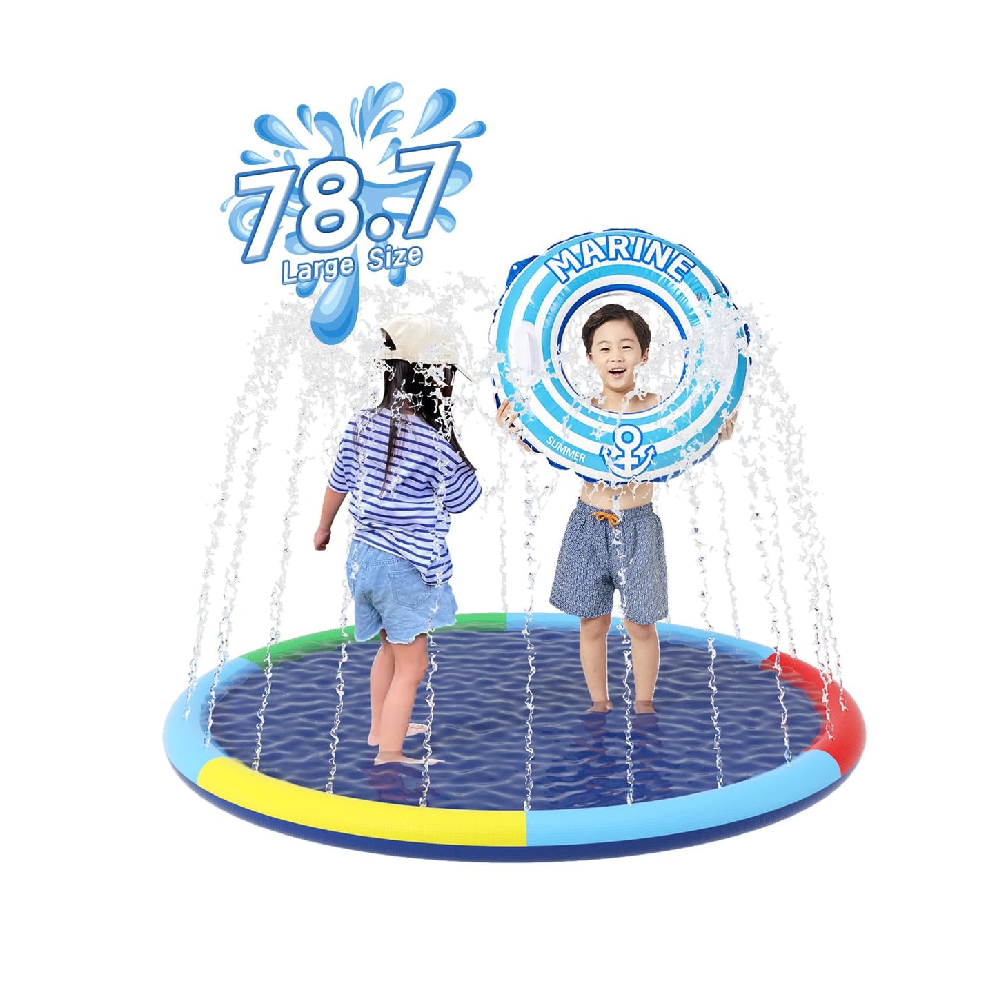 Kids Non Slip Splash Pad -79in Outdoor Sprinkler Play Mat, Dog and Kids Water Toys, Garden Lawn Pool Mat, Summer Outdoor Water T