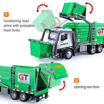 Garbage Truck Toys Metal Cab, Realistic Trash Truck Toys for Boys with Lights and Sounds, Friction Powered Recycling Truck for K