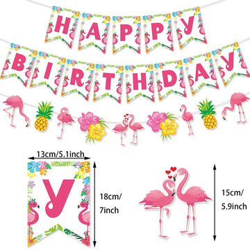 Zwiebeco Flamingo Birthday Party Decoration,Tropical Hawaiian Summer Theme Party Supplies,Flamingo Pineapple Banner Bunting Garl
