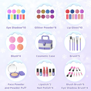 PERRYHOME Kids Makeup Set 56 Pcs Washable Real Cosmetics, Non-Toxic Frozen Toys, Purple, for Girls Ages 3-12