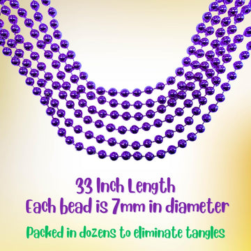 Mardi Gras Beads 33 inch 7mm, 12 Dozen, 144 Pieces, Purple Necklaces with Doubloon